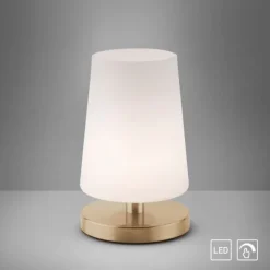 LED-Tischleuchte, messing matt, länglicher Lampenschirm, inkl. Touchdimmer