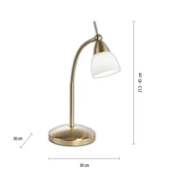 LED-Tischleuchte, messing-matt, Flexarm, blendfrei, Opalglas, Touchdimmer