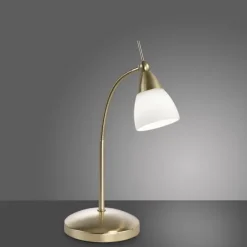 LED-Tischleuchte, messing-matt, Flexarm, blendfrei, Opalglas, Touchdimmer