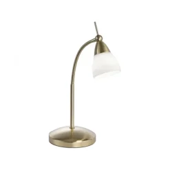 LED-Tischleuchte, messing-matt, Flexarm, blendfrei, Opalglas, Touchdimmer