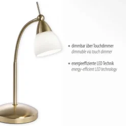 LED-Tischleuchte, messing-matt, Flexarm, blendfrei, Opalglas, Touchdimmer