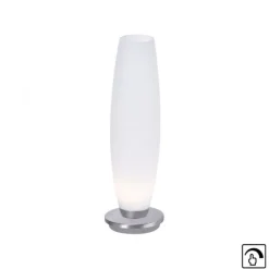 LED Tischleuchte, Opalglas, schlichtes Design, silberfarbener Fuß, dimmbar