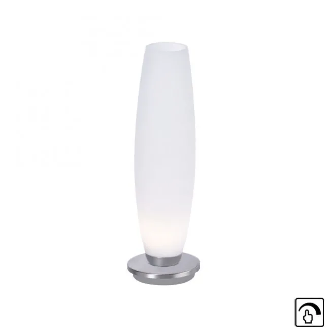 LED Tischleuchte, Opalglas, schlichtes Design, silberfarbener Fuß, dimmbar