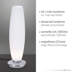 LED Tischleuchte, Opalglas, schlichtes Design, silberfarbener Fuß, dimmbar