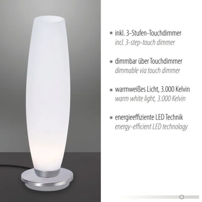 LED Tischleuchte, Opalglas, schlichtes Design, silberfarbener Fuß, dimmbar