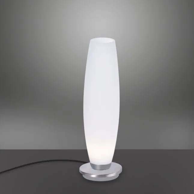 LED Tischleuchte, Opalglas, schlichtes Design, silberfarbener Fuß, dimmbar