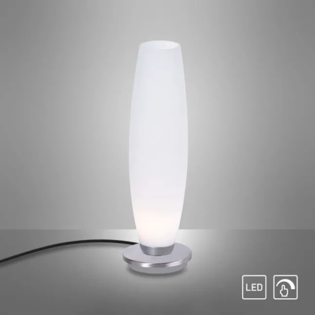LED Tischleuchte, Opalglas, schlichtes Design, silberfarbener Fuß, dimmbar