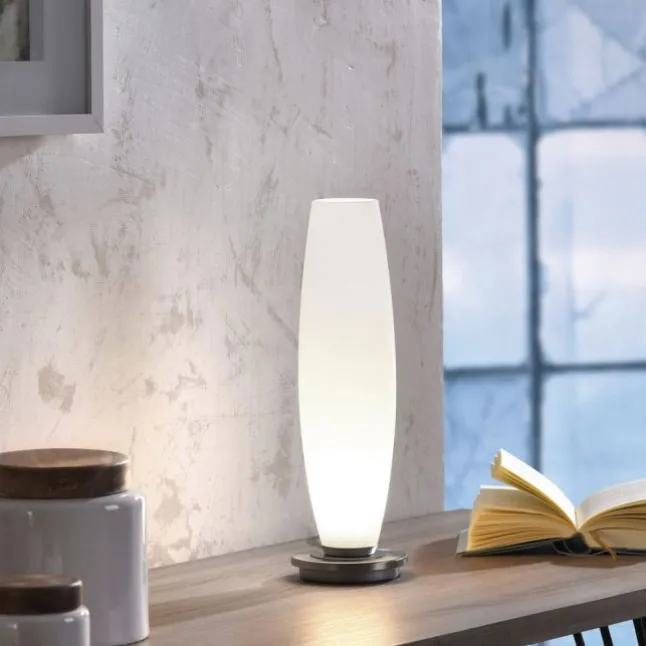 LED Tischleuchte, Opalglas, schlichtes Design, silberfarbener Fuß, dimmbar