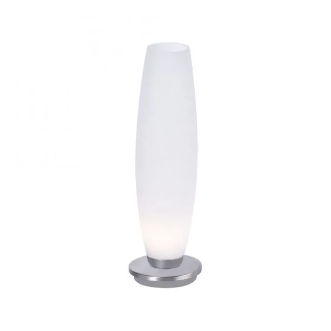 LED Tischleuchte, Opalglas, schlichtes Design, silberfarbener Fuß, dimmbar