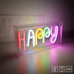LED Tischleuchte Schriftzug Happy mehrfarbig USB Schalter dekorativ