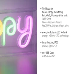 LED Tischleuchte Schriftzug Happy mehrfarbig USB Schalter dekorativ