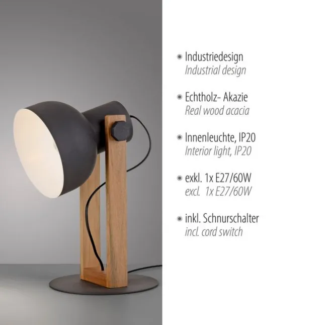 LED Tischleuchte schwarz Akazienholz höhenverstellbar Industrial