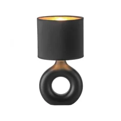 LED Tischleuchte schwarz gold Schnurschalter Stoffschirm Sideboard