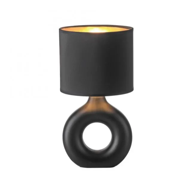 LED Tischleuchte schwarz gold Schnurschalter Stoffschirm Sideboard