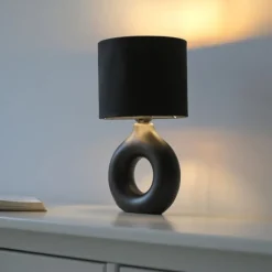 LED Tischleuchte schwarz gold Schnurschalter Stoffschirm Sideboard