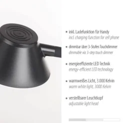 LED Tischleuchte schwarz Handy Ladefunktion Touchdimmer verstellbar