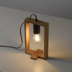 LED Tischleuchte, schwarz, Holzrahmen, Schnurschalter, Metall, 1 flammige Tischlampe