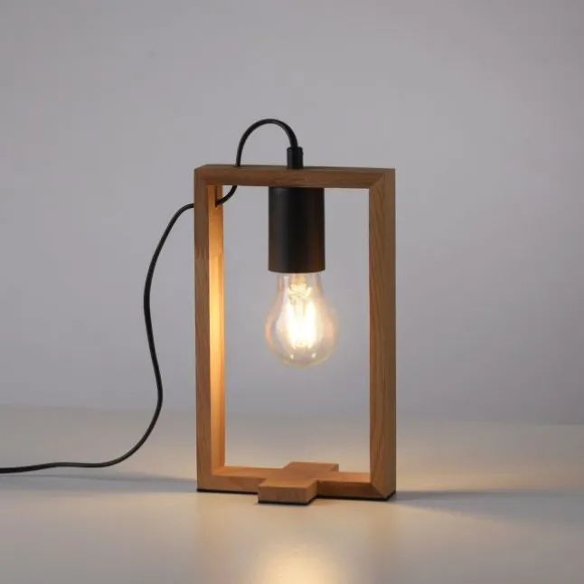 LED Tischleuchte, schwarz, Holzrahmen, Schnurschalter, Metall, 1 flammige Tischlampe