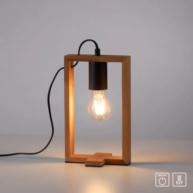 LED Tischleuchte, schwarz, Holzrahmen, Schnurschalter, Metall, 1 flammige Tischlampe
