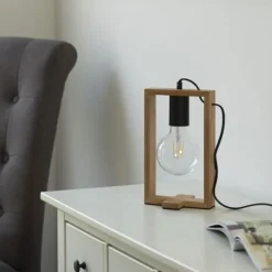 LED Tischleuchte, schwarz, Holzrahmen, Schnurschalter, Metall, 1 flammige Tischlampe