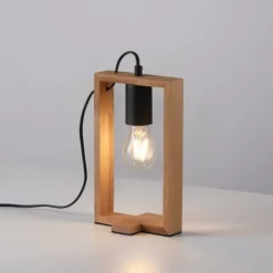 LED Tischleuchte, schwarz, Holzrahmen, Schnurschalter, Metall, 1 flammige Tischlampe