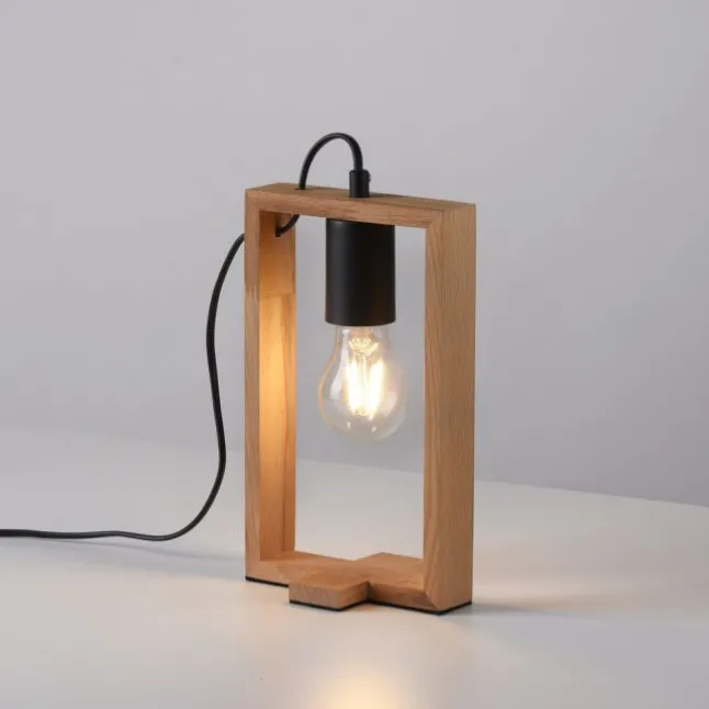 LED Tischleuchte, schwarz, Holzrahmen, Schnurschalter, Metall, 1 flammige Tischlampe