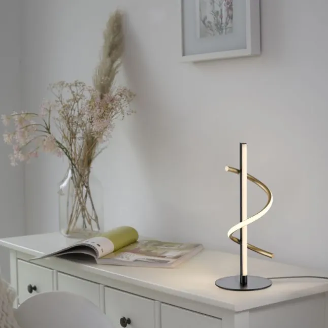 LED Tischleuchte schwarz messing dimmbar per Schnurdimmer geschwungen