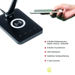 LED Tischleuchte, schwarz, QI-Ladefunktion, Touchdimmer, CCT