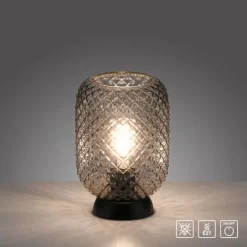 LED Tischleuchte schwarz Rauchglas Schnurschalter rund