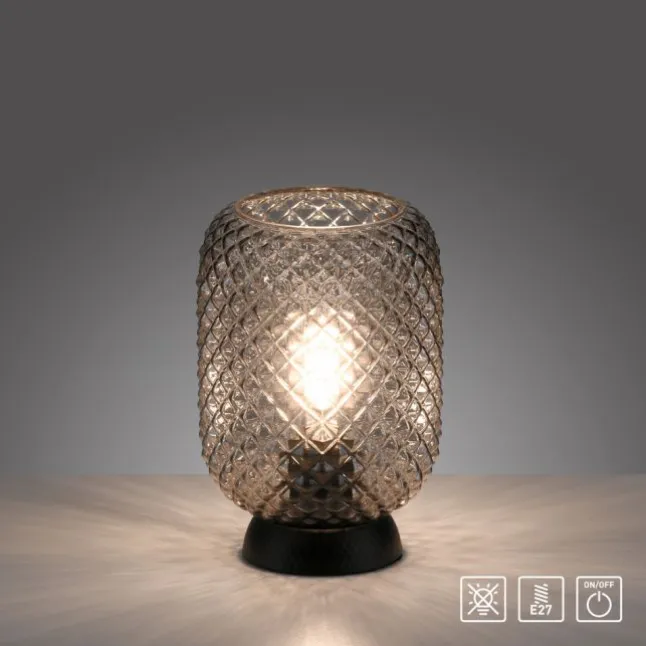 LED Tischleuchte schwarz Rauchglas Schnurschalter rund