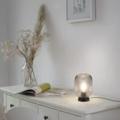 LED Tischleuchte schwarz Rauchglas Schnurschalter rund