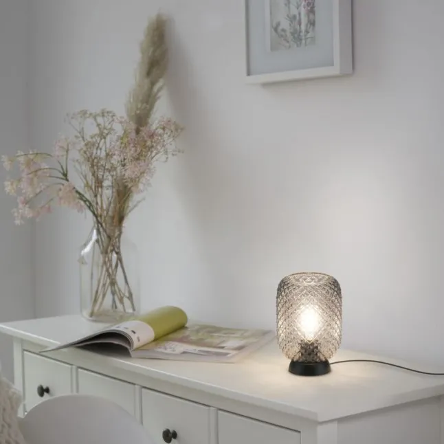 LED Tischleuchte schwarz Rauchglas Schnurschalter rund