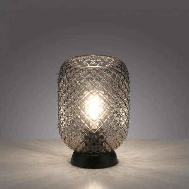 LED Tischleuchte schwarz Rauchglas Schnurschalter rund