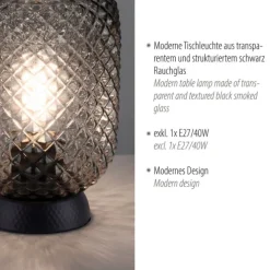 LED Tischleuchte schwarz Rauchglas Schnurschalter rund