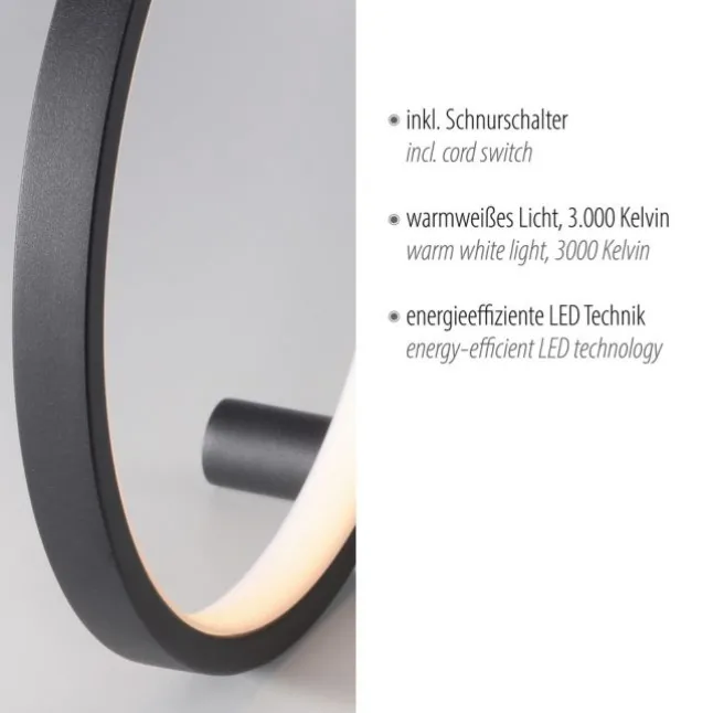 LED Tischleuchte schwarz ring minimalistisch Schnurschalter Beistellampe
