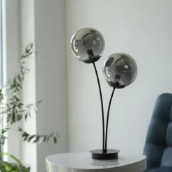 LED Tischleuchte, schwarz, schlicht, Schnurschalter, 2 flammige Tischlampe