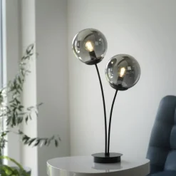 LED Tischleuchte, schwarz, schlicht, Schnurschalter, 2 flammige Tischlampe