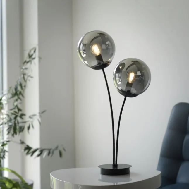 LED Tischleuchte, schwarz, schlicht, Schnurschalter, 2 flammige Tischlampe