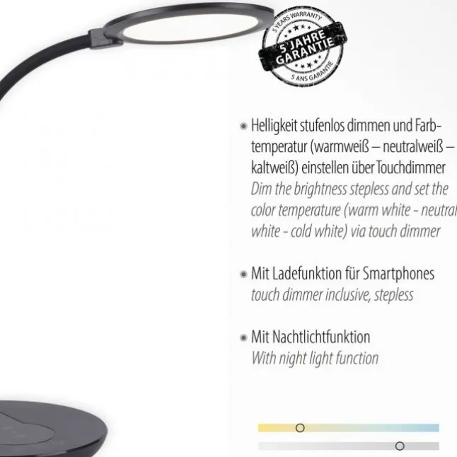 LED-Tischleuchte, schwarz, stufenlos Dimmbar, CCT, inkl. Ladestation für Smartphone