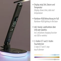 LED Tischleuchte schwarz Touchdimmer Ladefunktion Handy USB kabellos