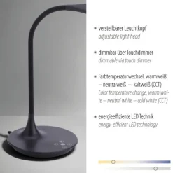 LED-Tischleuchte, schwarz, Touch-Dimmer, Lichtfarbsteuerung, modern