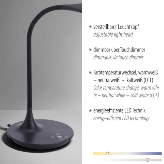 LED-Tischleuchte, schwarz, Touch-Dimmer, Lichtfarbsteuerung, modern