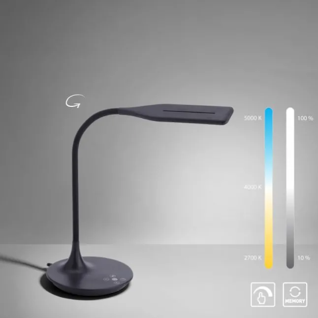 LED-Tischleuchte, schwarz, Touch-Dimmer, Lichtfarbsteuerung, modern