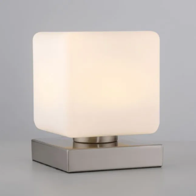 LED Tischleuchte silber farbig Würfelform Touchdimmer zeitloses Design