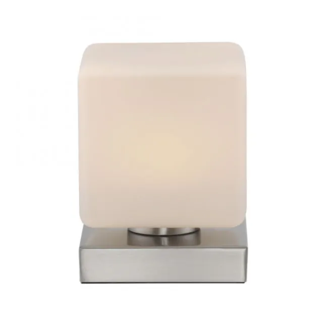 LED Tischleuchte silber farbig Würfelform Touchdimmer zeitloses Design