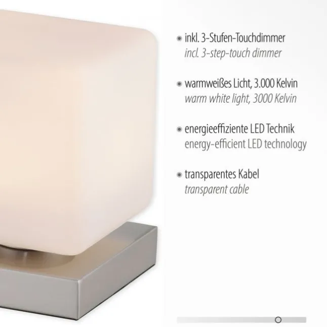 LED Tischleuchte silber farbig Würfelform Touchdimmer zeitloses Design
