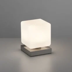 LED Tischleuchte silber farbig Würfelform Touchdimmer zeitloses Design
