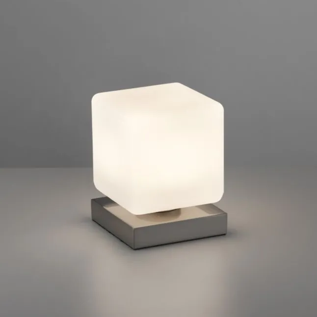 LED Tischleuchte silber farbig Würfelform Touchdimmer zeitloses Design