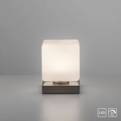 LED Tischleuchte silber farbig Würfelform Touchdimmer zeitloses Design