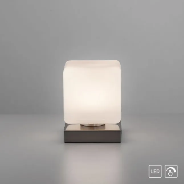 LED Tischleuchte silber farbig Würfelform Touchdimmer zeitloses Design